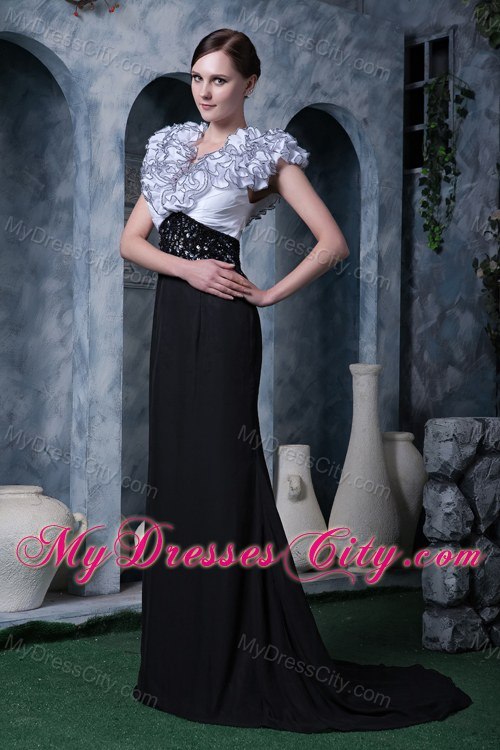 Beaded White and Black Evening Prom Gowns with Ruffle V-neck