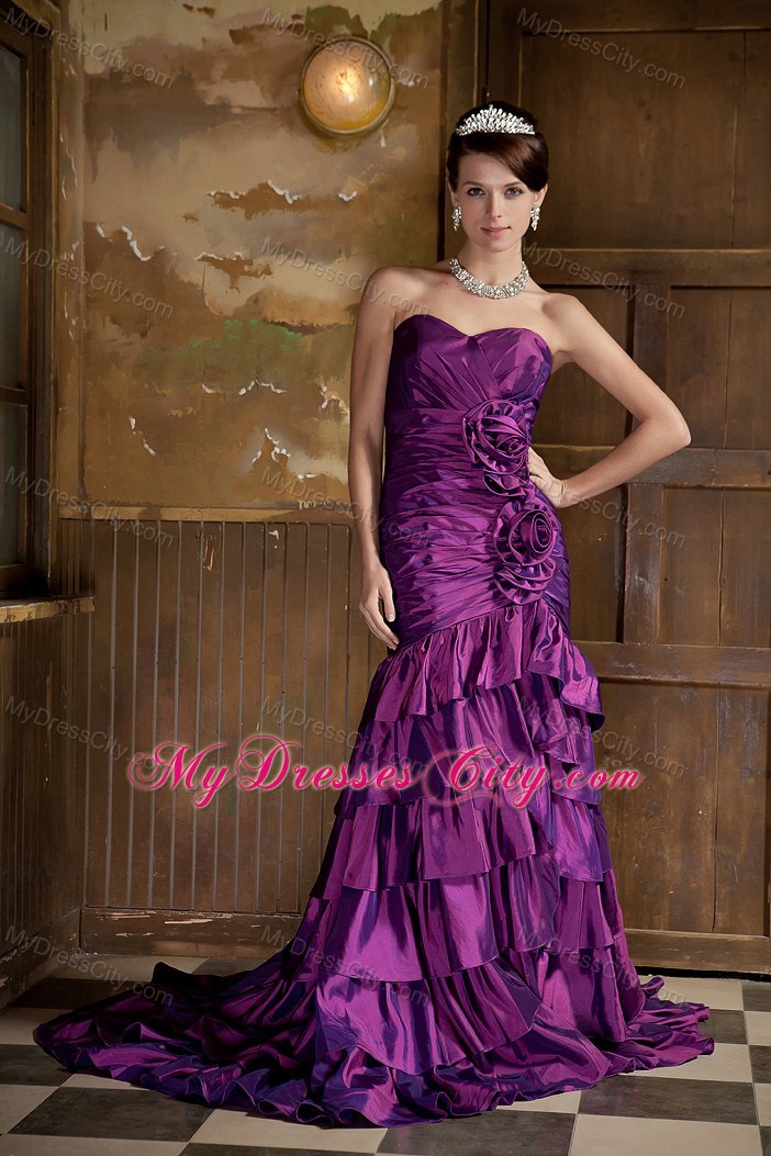 Purple Mermaid Ruffled Brush Train Hand Flowers Evening Dress