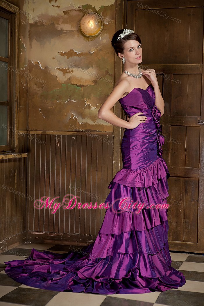 Purple Mermaid Ruffled Brush Train Hand Flowers Evening Dress