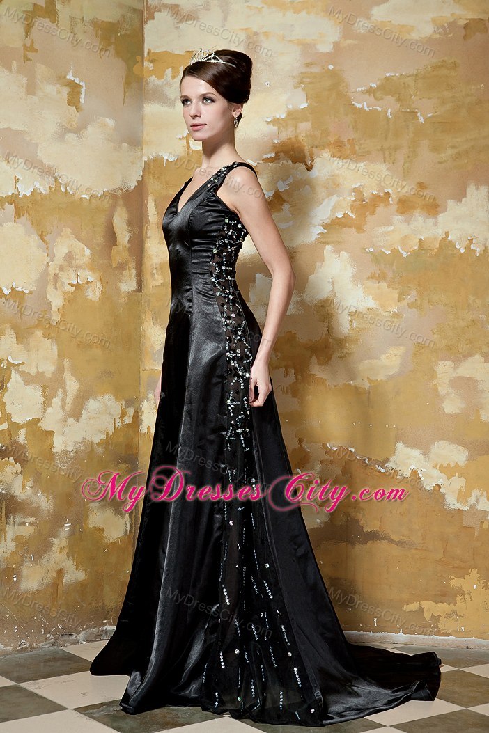 Black Column V-neck Brush Train Taffeta Sequins Evening Dress