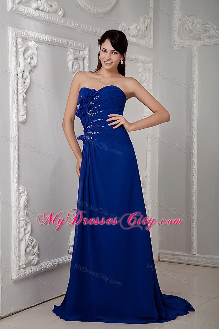 Royal Blue Brush Train Evening Dress with Beading and Flowers