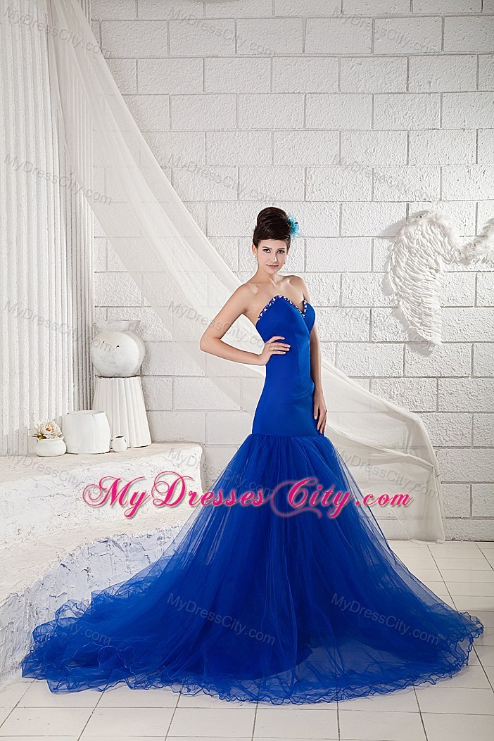 Royal Blue Sweetheart Beaded Evening Dress with Chapel Train