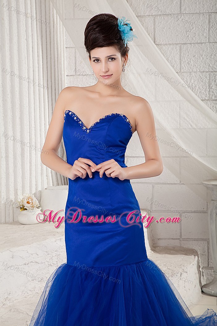 Royal Blue Sweetheart Beaded Evening Dress with Chapel Train