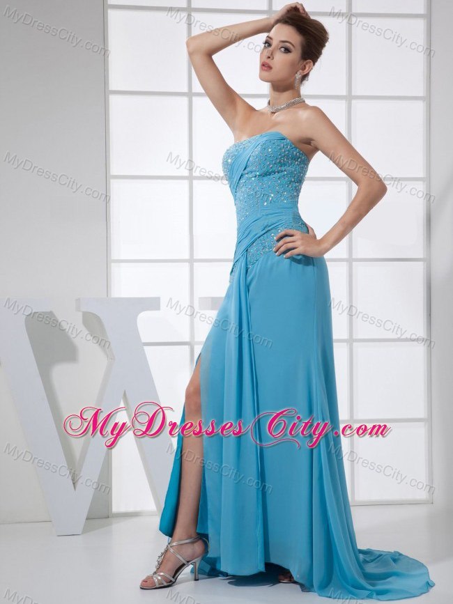 Sexy Teal High Slit chiffon Prom Dress with Appliques in 2013