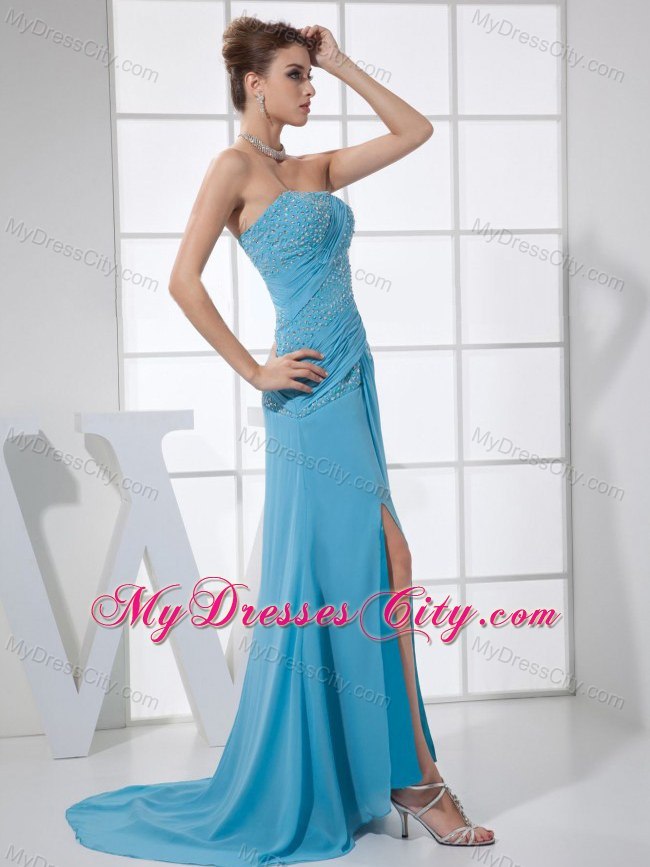 Sexy Teal High Slit chiffon Prom Dress with Appliques in 2013
