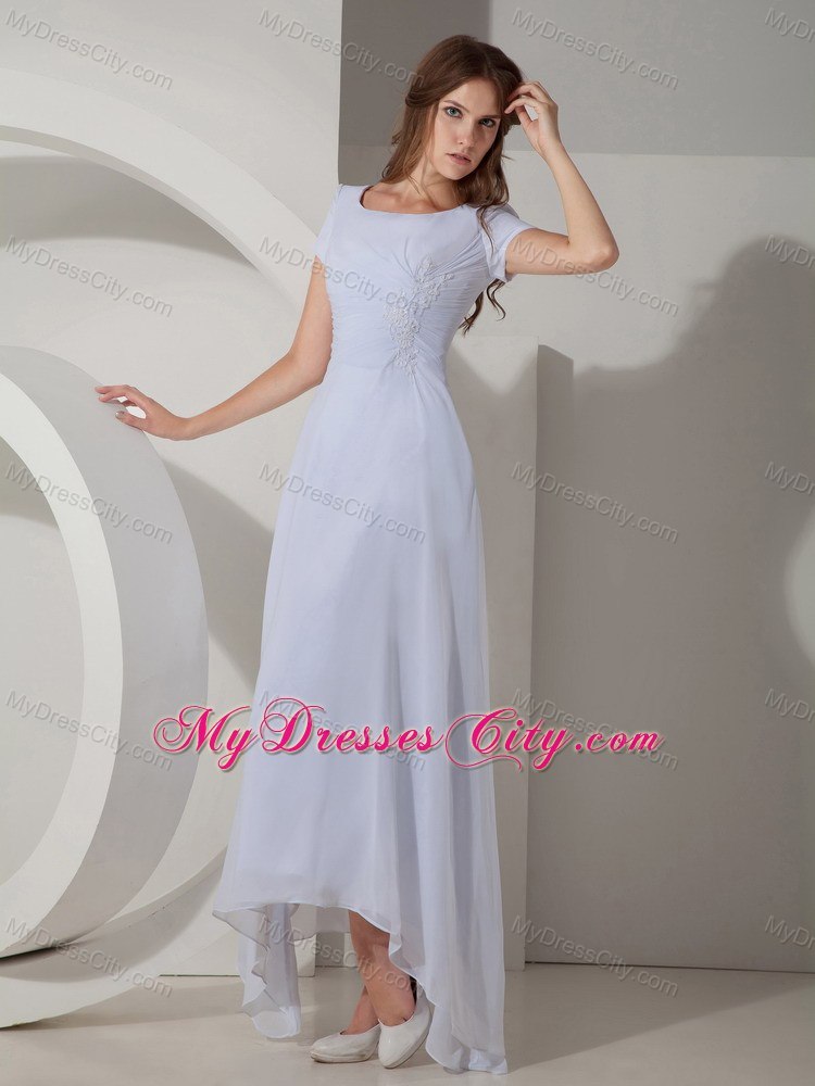Modest White Scoop Appliques Short Sleeves Chiffon Prom Dress