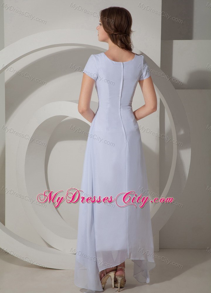 Modest White Scoop Appliques Short Sleeves Chiffon Prom Dress