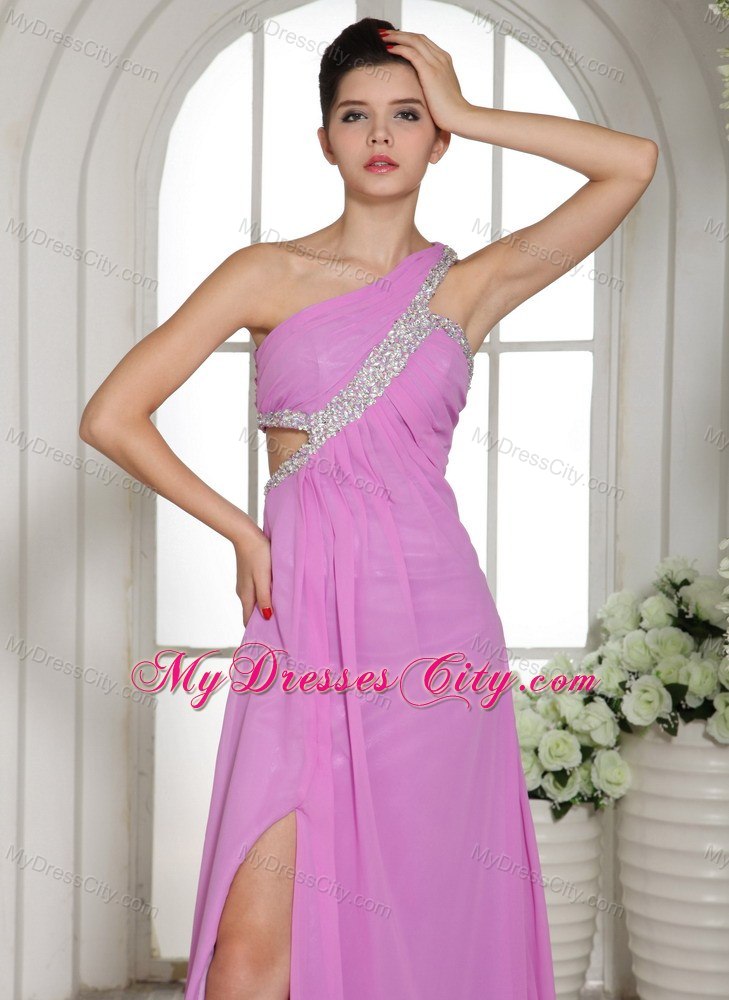 Cute One Shoulder Beading Lavender Prom Dress With Slit