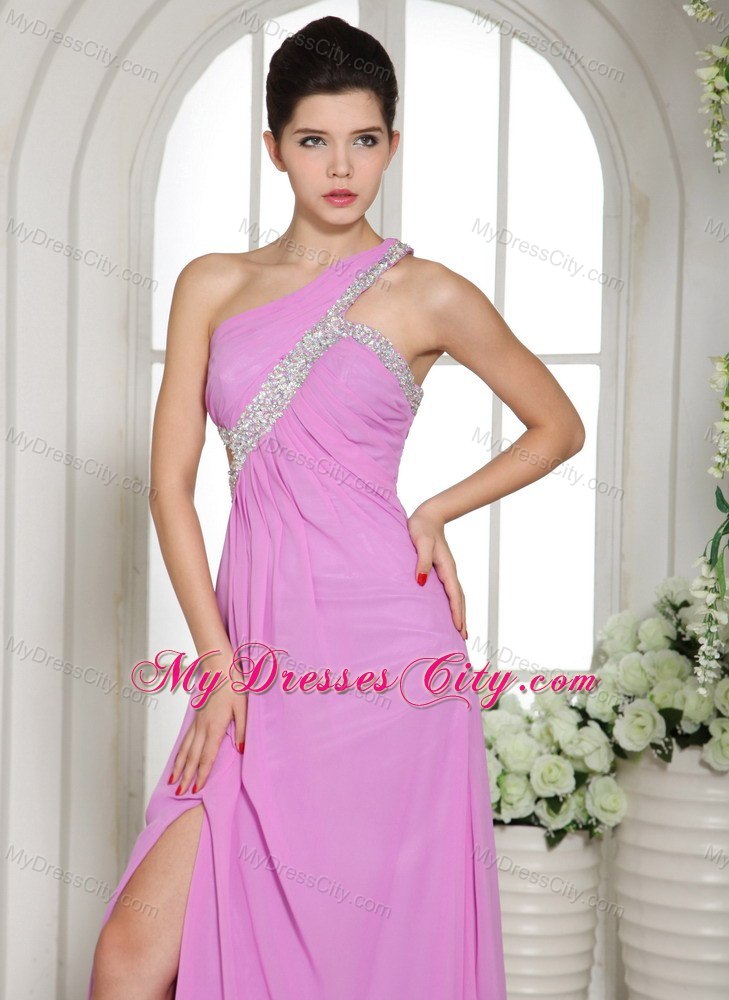 Cute One Shoulder Beading Lavender Prom Dress With Slit