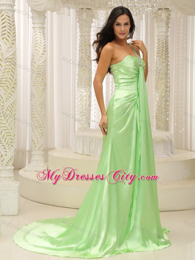 Beaded Decorate One Shoulder Apple Green Prom Dress