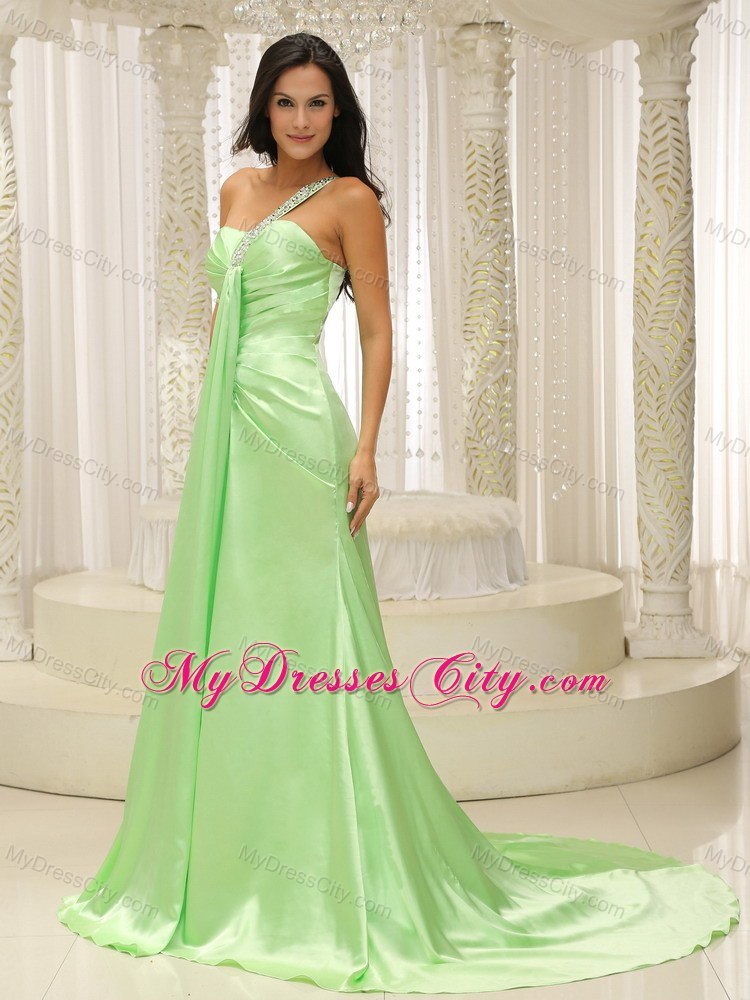 Beaded Decorate One Shoulder Apple Green Prom Dress