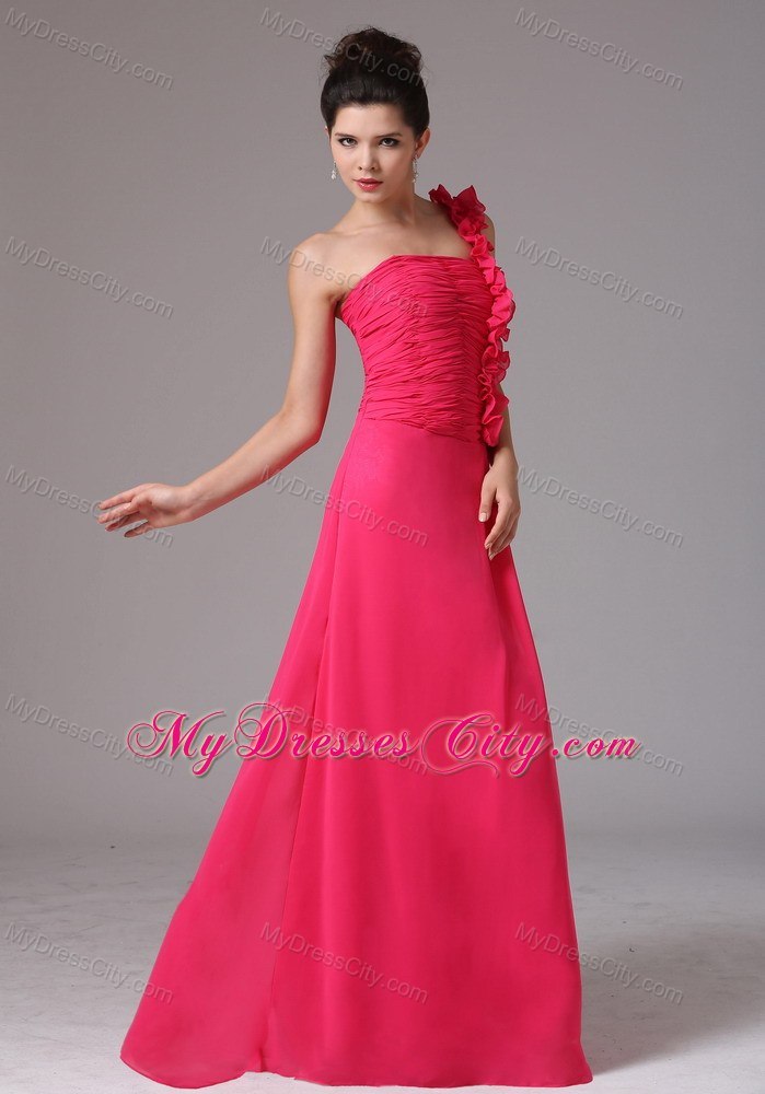 Stylish Coral Red Ruched One Shoulder Flower Prom Dress