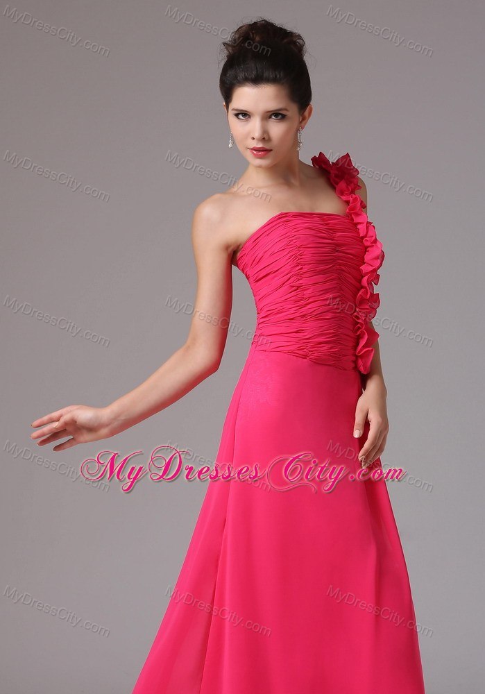 Stylish Coral Red Ruched One Shoulder Flower Prom Dress