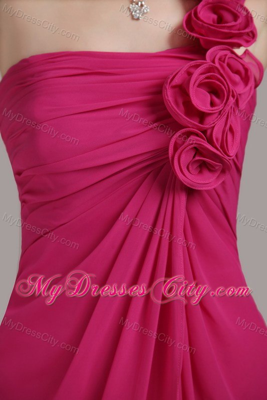 One Shoulder Knee-length Chiffon Hand Flowers Prom Dress Hot Pink