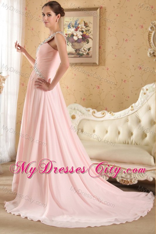 Straps Court Train Chiffon Beaded and Ruch Prom Dress Baby Pink