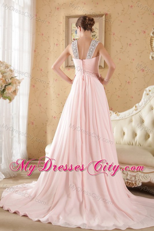 Straps Court Train Chiffon Beaded and Ruch Prom Dress Baby Pink