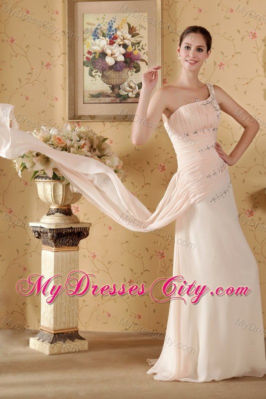 One Shoulder Watteau Train Chiffon Beaded Prom Dress Baby Pink