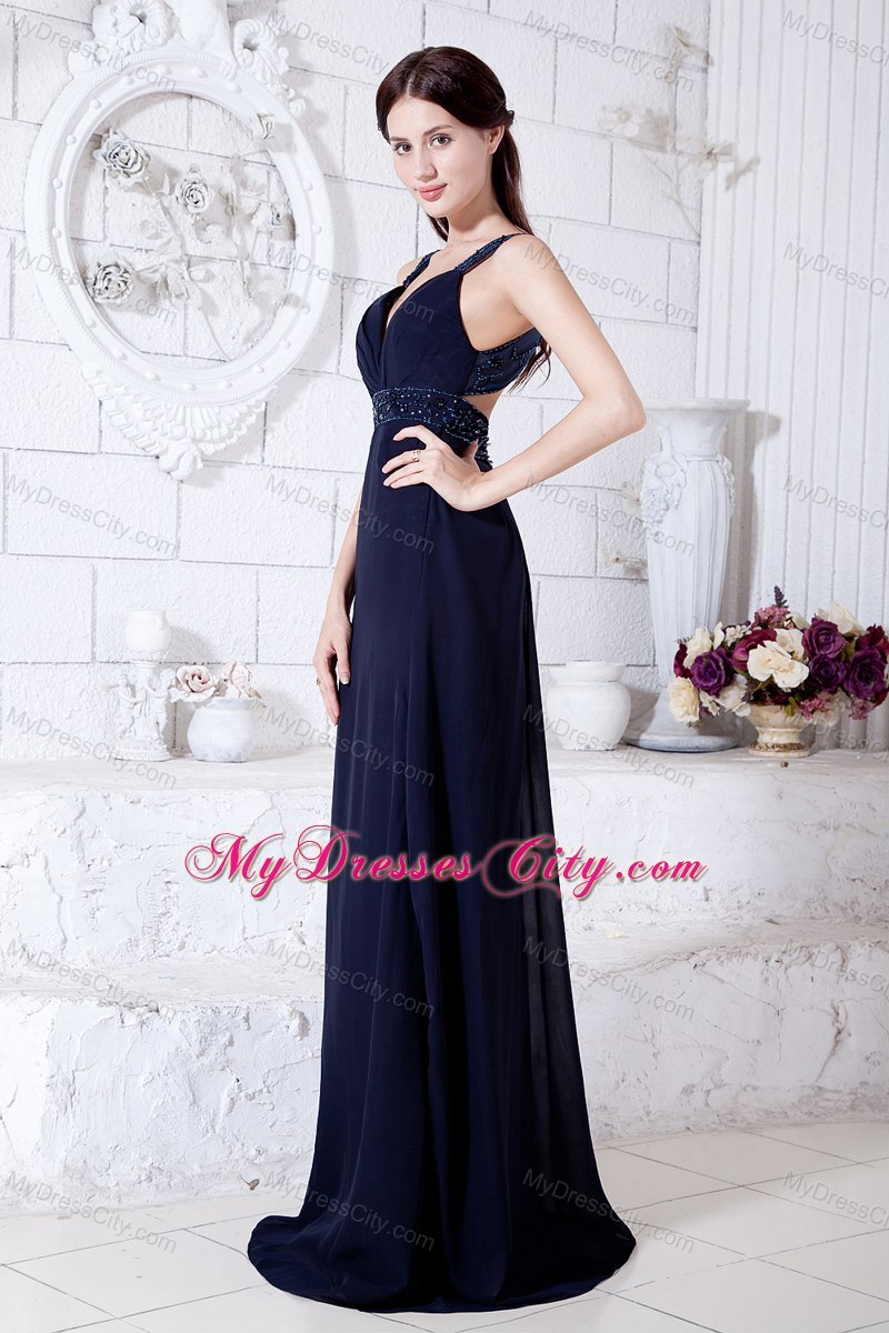 Navy Blue Straps Brush Train Beaded Prom Dress with Back Out