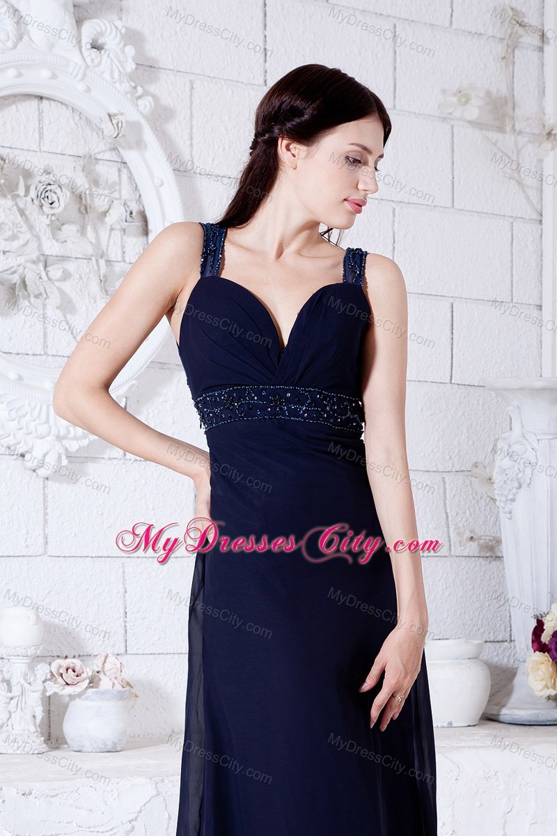 Navy Blue Straps Brush Train Beaded Prom Dress with Back Out