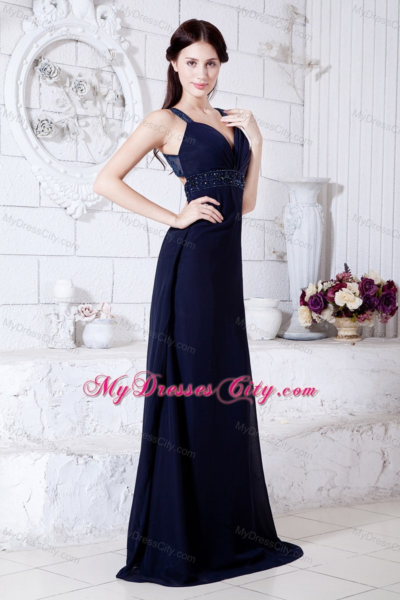 Navy Blue Straps Brush Train Beaded Prom Dress with Back Out