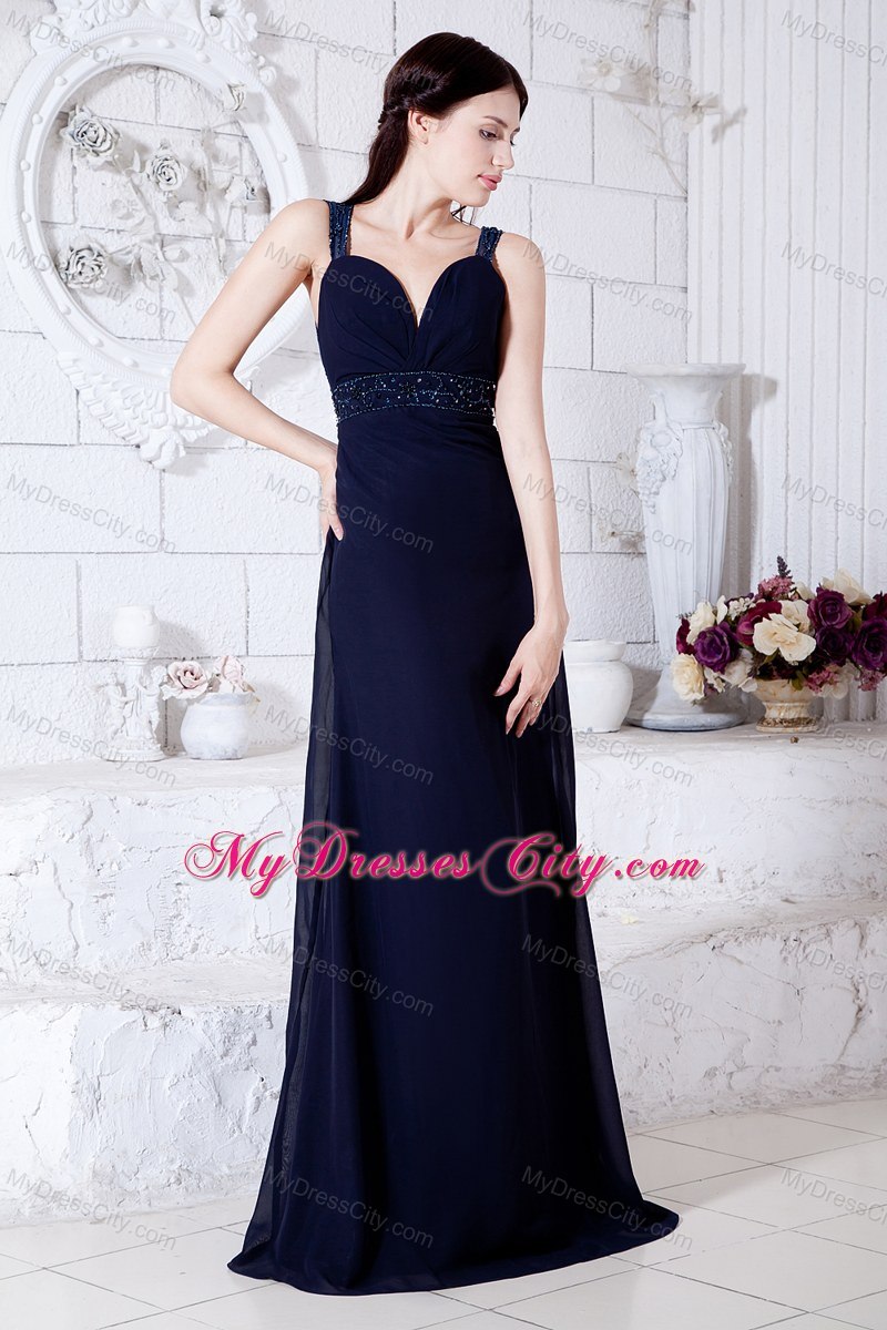 Navy Blue Straps Brush Train Beaded Prom Dress with Back Out
