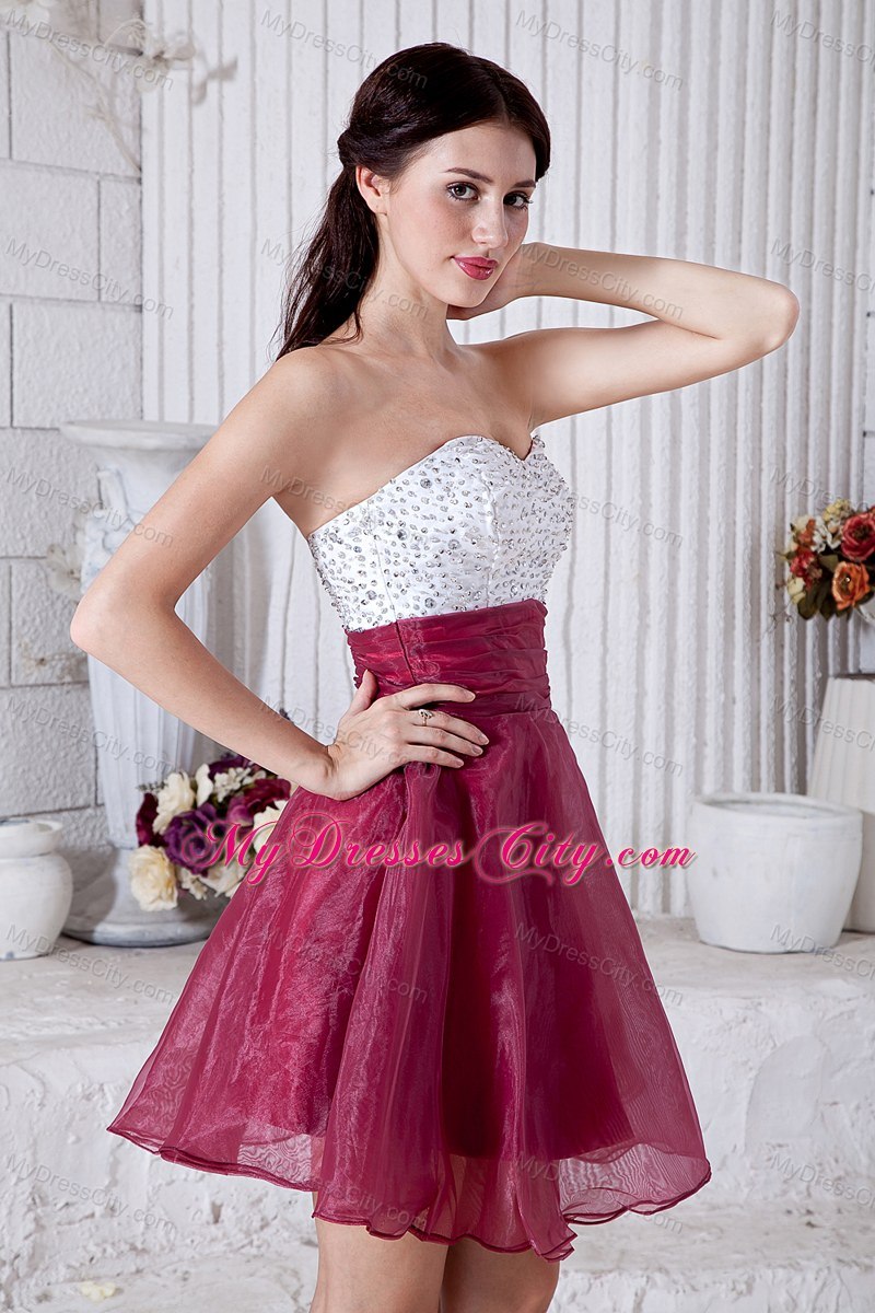 Burgundy Sweetheart Cocktail Dress Organza Beading Minilength