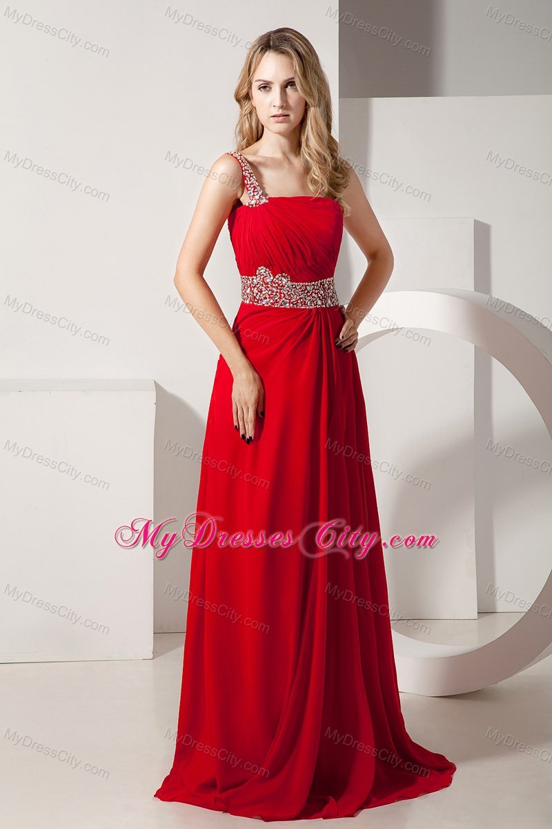 One Shoulder Brush Train Beaded Red Prom Dress with Back Out