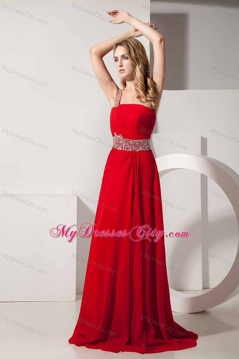 One Shoulder Brush Train Beaded Red Prom Dress with Back Out