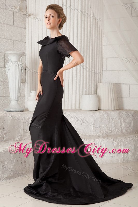 Black Mermaid Bateau Brush Train Prom Dress with Back Out