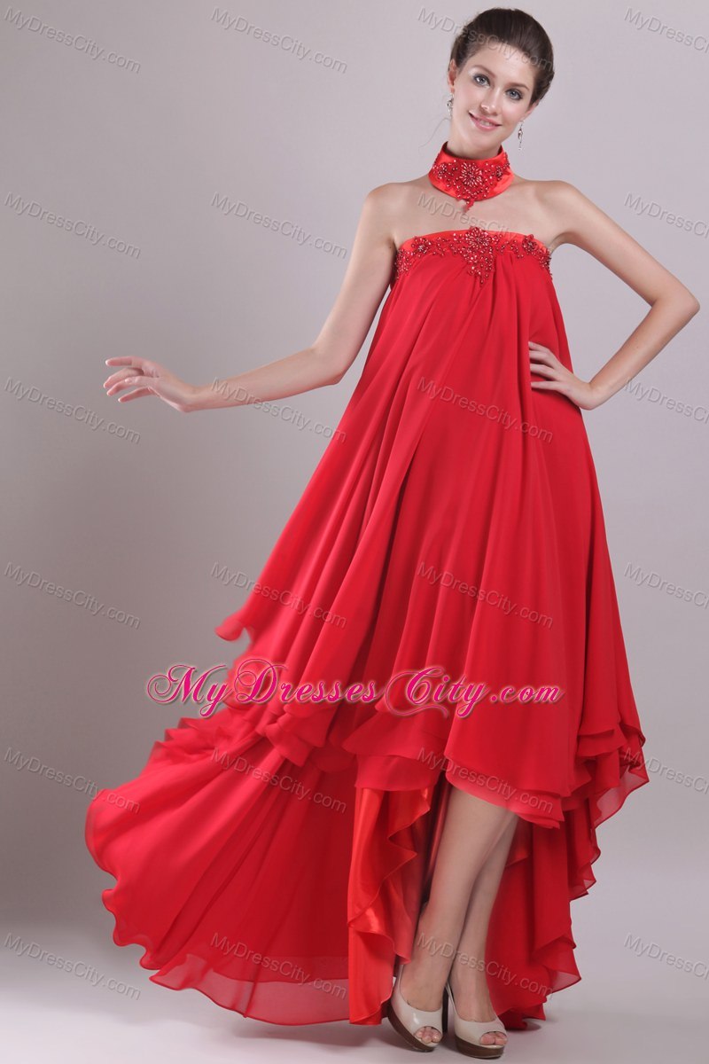 Strapless High-low Beaded Red Prom Dress with Cool Back