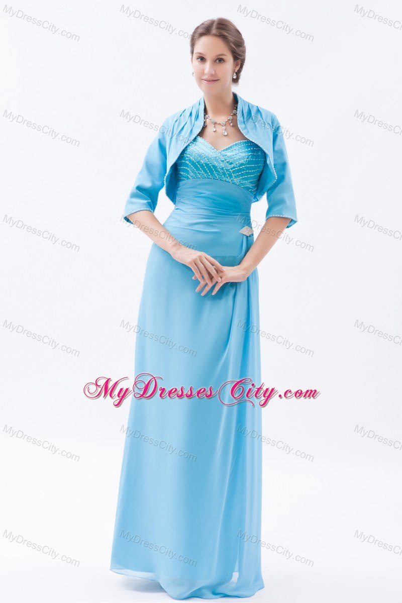 Baby Blue Floor-length Beaded Prom Dress with Zipper Back