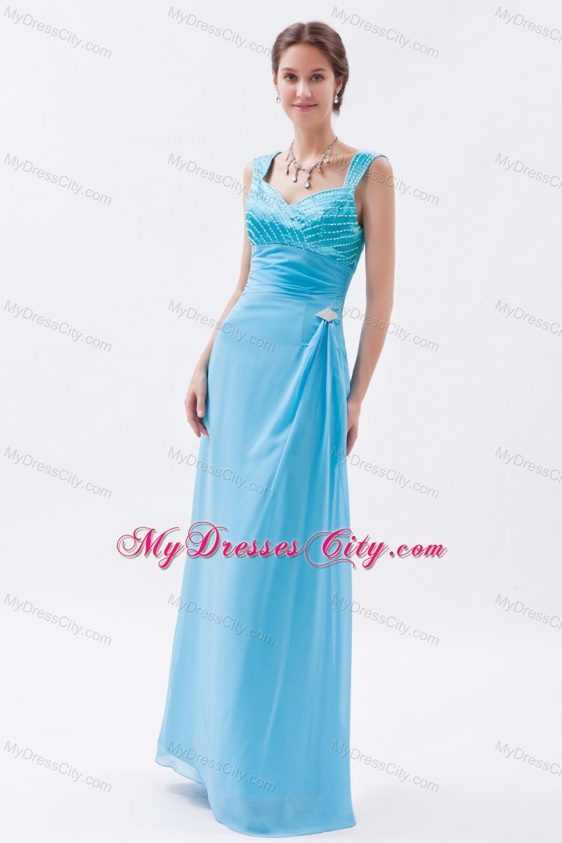 Baby Blue Floor-length Beaded Prom Dress with Zipper Back