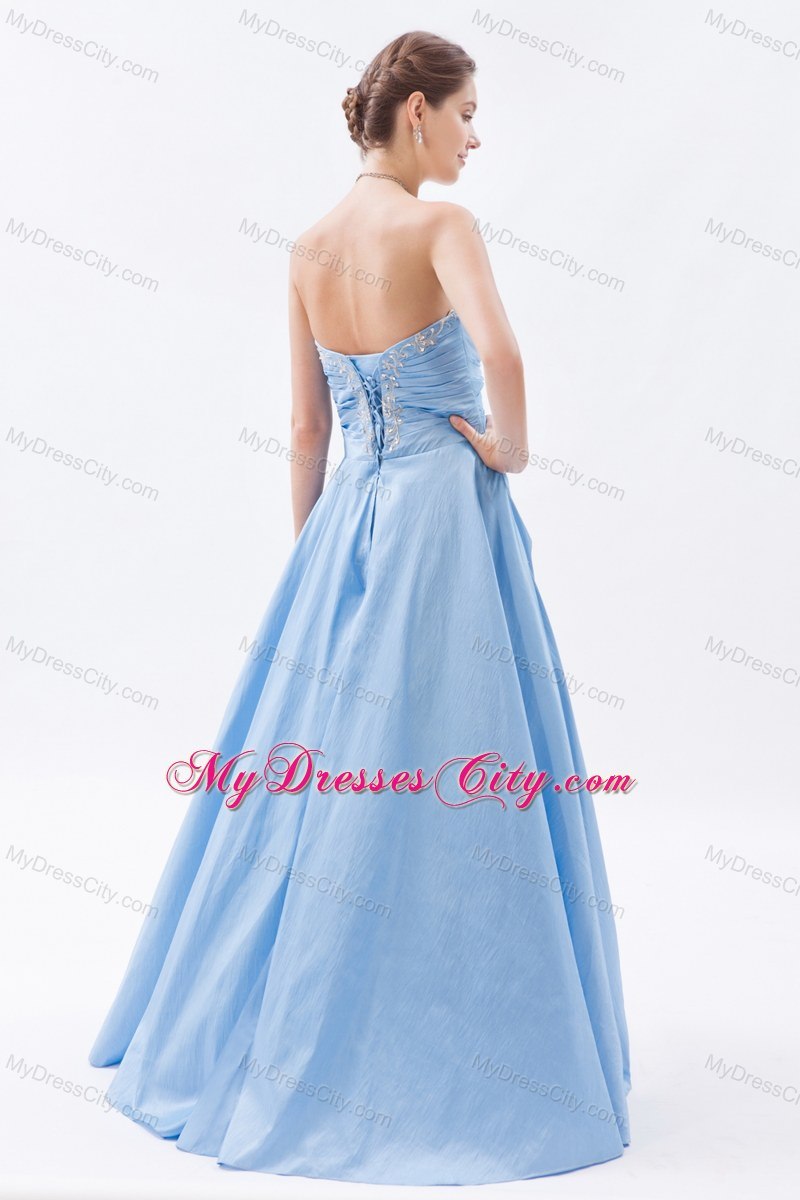 Floor-length Strapless Prom Dress Baby Blue with Appliques