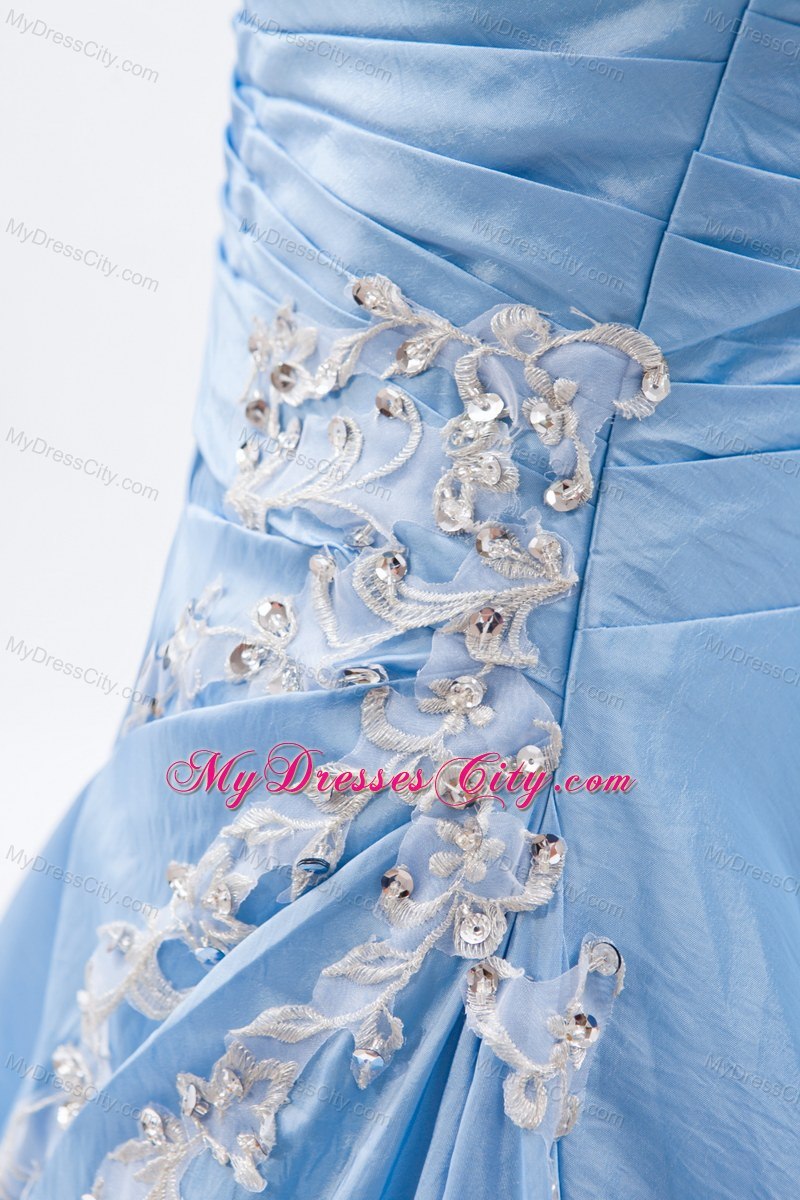 Floor-length Strapless Prom Dress Baby Blue with Appliques