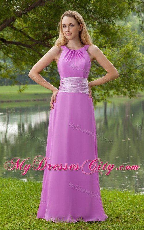 Empire Lavender Bateau Brush Train Ruching Prom Dress