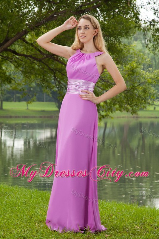 Empire Lavender Bateau Brush Train Ruching Prom Dress