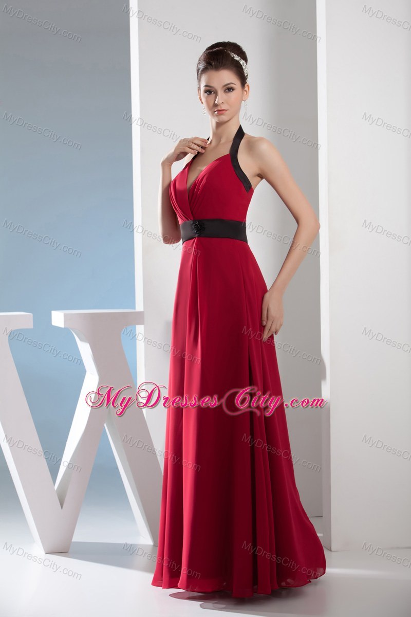 2013 Summer Simple Column Halter Sash Red Dress For Prom