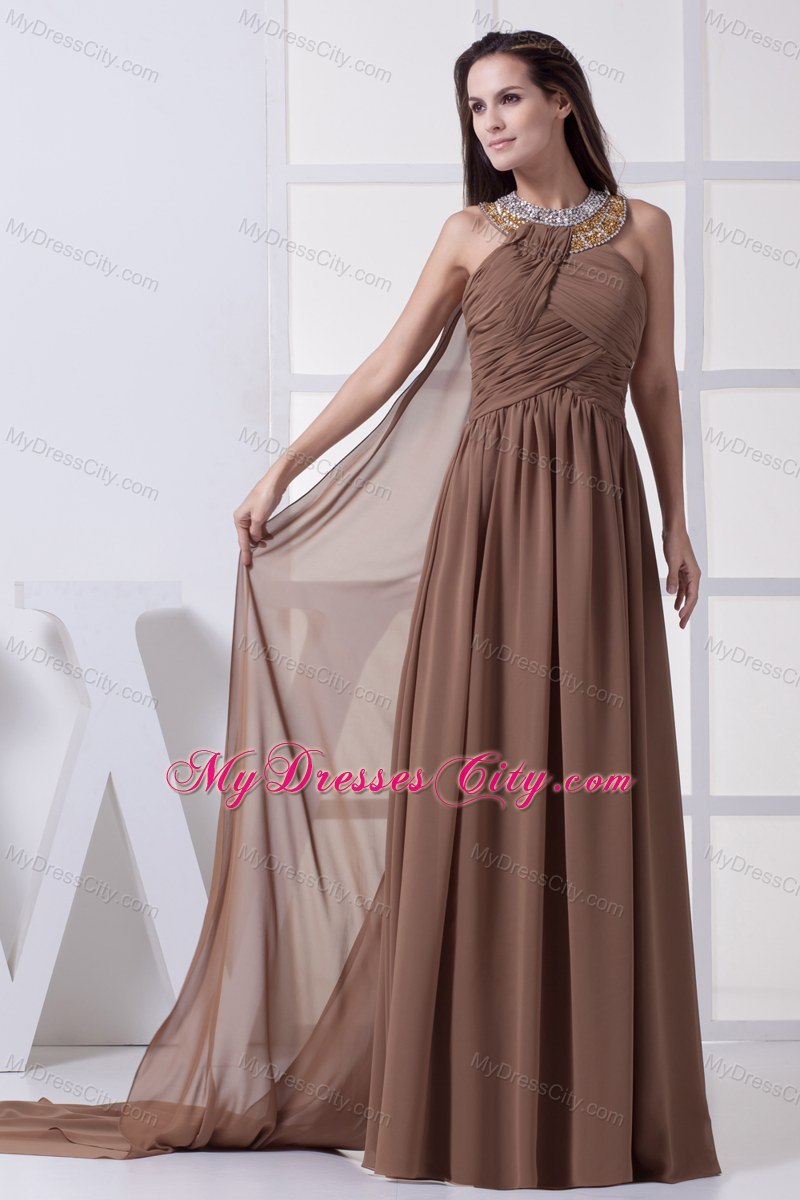 Watteau Train Scoop Beading and Ruching Brown Prom Dress