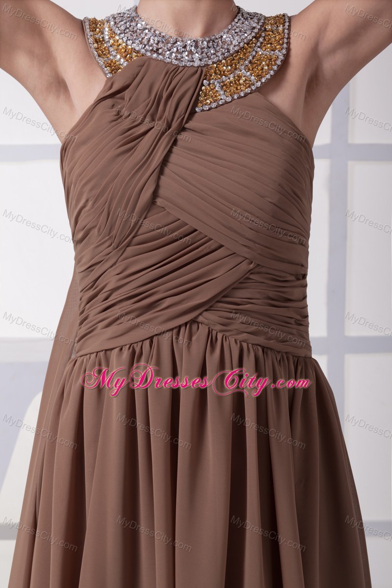 Watteau Train Scoop Beading and Ruching Brown Prom Dress