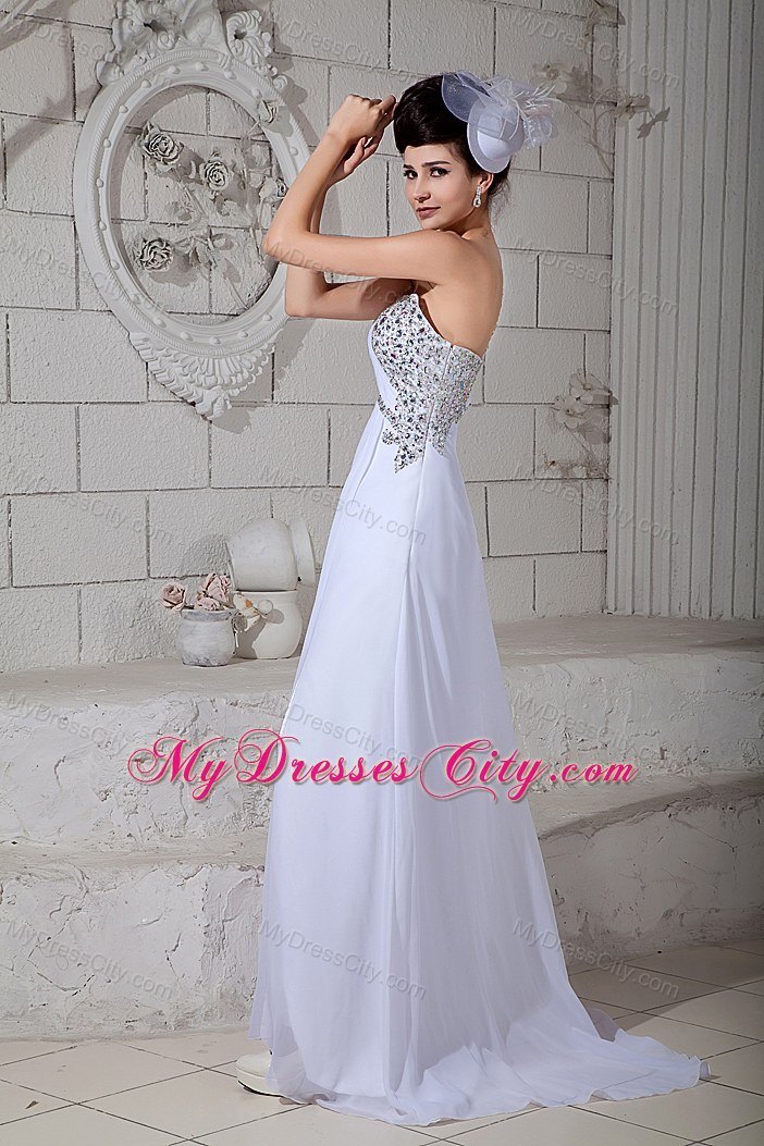 Elegant Empire Brush Train Single Shoulder Beading White Prom Dress