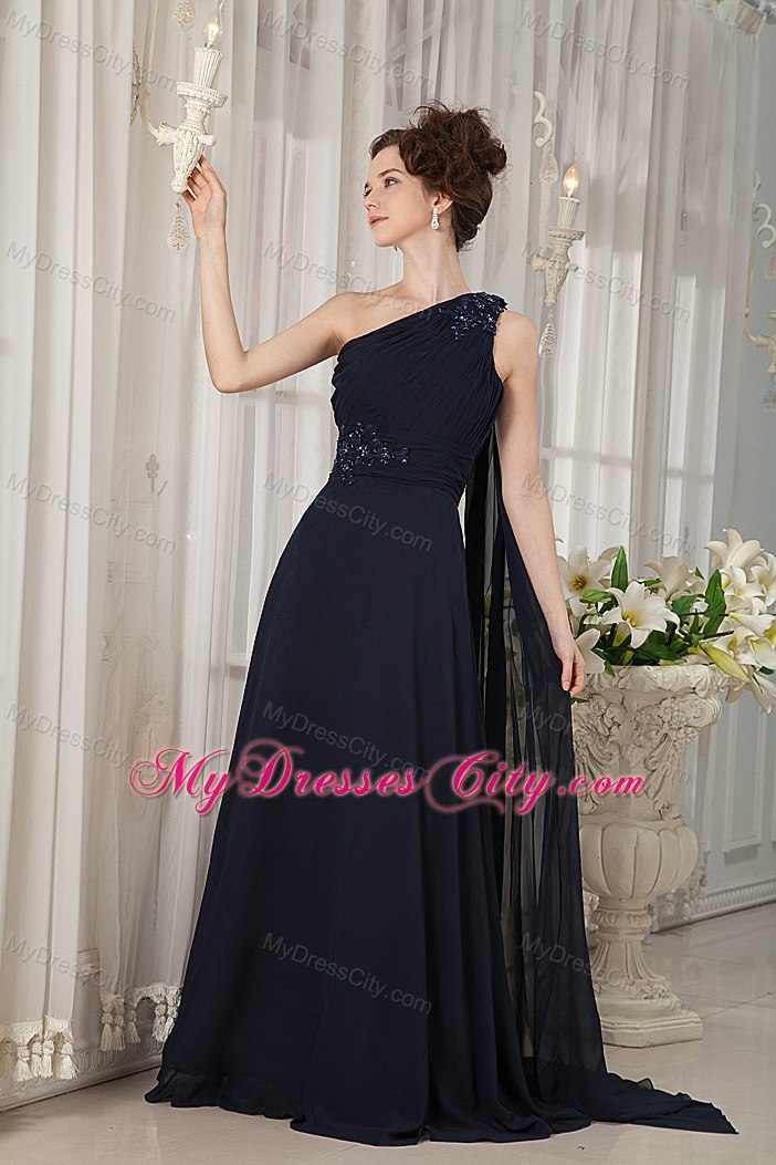 Navy Blue Empire One Shoulder Watteau Train Prom Gowns