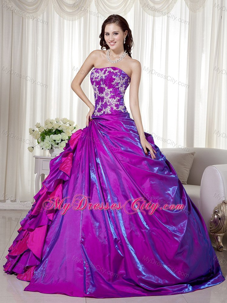 Taffeta Strapless Appliques Layers Purple Quinceanera Dresses