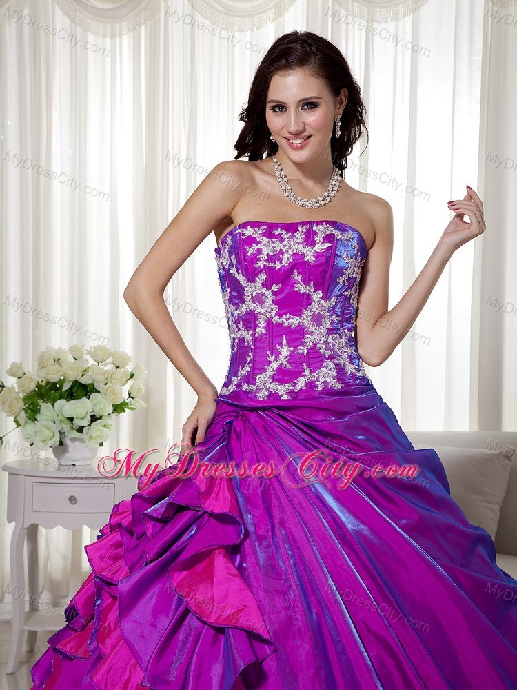 Taffeta Strapless Appliques Layers Purple Quinceanera Dresses