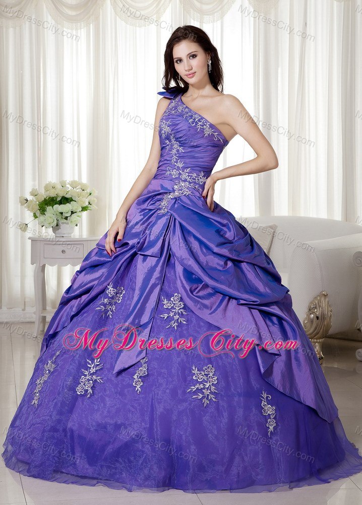 One Shoulder Appliques Taffeta Purple Dress Up for Quinceaneras