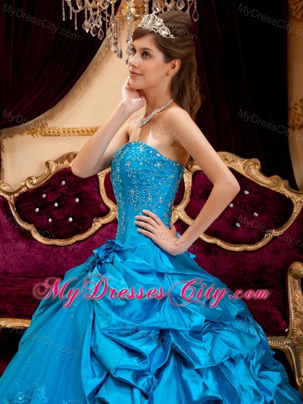 Fashion Taffeta and Tulle Lace Appliques Quinceanera Gowns in Teal