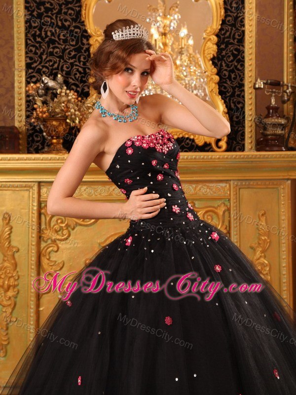 Strapless Black Tulle Appliques Quinceanera Dress For 2013 Spring