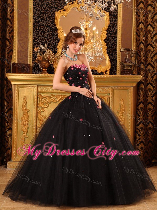 Strapless Black Tulle Appliques Quinceanera Dress For 2013 Spring