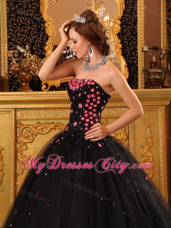 Strapless Black Tulle Appliques Quinceanera Dress For 2013 Spring