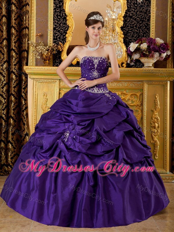 Purple Beaded Strapless Pick Ups New Style Quinceanera Gowns