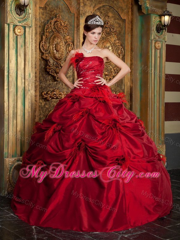 New Arrival Strapless Feather Flowers Wine Red Quinceanera Gowns